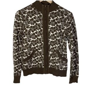 Title Nine Brown Floral Print Full Zip Sweater Women's Size S Pockets